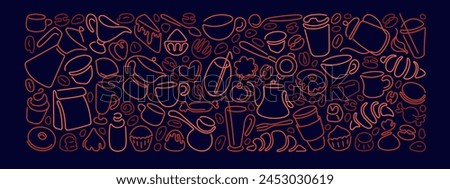 Coffee, tea elements. French press, hot cup, milk pitcher, beans, kettle for breakfast, lunch, dessert, chocolate sweets. Line background for menu, coffee shop, for web design, bakery and cafe