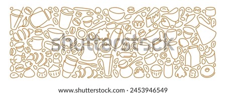 Coffee, tea line design. Hot cup, milk pitcher, aroma beans, kettle for breakfast, lunch, sweet dessert, chocolate candy, fresh croissant. Sketch banner, poster for menu,food shop, bakery and cafe