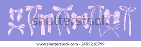 Pink bow form set. Vector ribbons, silk bows for gifts, present knots and wrap pack isolated. Bowknot for decoration, collection sillouette for celebration design in cartoon style