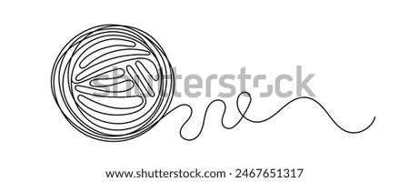 Ball of yarn continuous line sign. Merino for knit needles, cotton for crochet. Crafting hobby. Round skein of knitting thread isolated on white background. Vector sketch symbol for handmade design