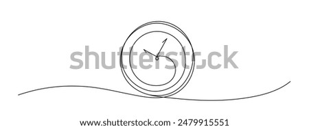 Clock drawn symbol. One line continuous icon. Chronometer outline sketch. Theme of time, deadline, morning, time to work isolated on white background. Save your time concept. Editable stroke