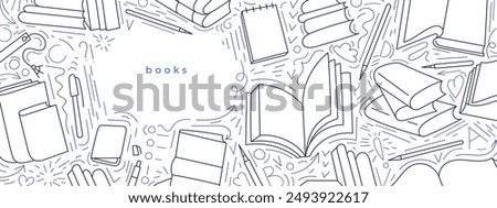 Open books vector design. Literature education, library literature, lesson at school, lecture for reading and study, office with pen on white background. Sketch line art template. Editable stroke