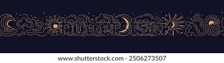 Sun, moon, night sky. Abstract seamless pattern in oriental style. Line vector golden texture background. Decorative chinese magic border. Editable stroke

