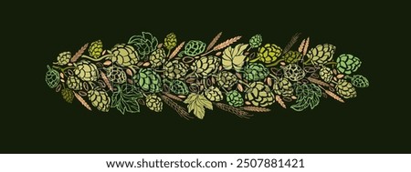 Green hop, malt print. Vintage beer oktoberfest symbol. Sketch of raw hop plant with cones, texture leaves, golden grain for beer brewing and food packaging, logo for bar, tavern, restaurant