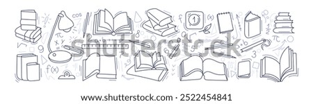 Mathematics doodle set, school education and open books. Scientific library, conference. Hand drawn sketch collection isolated on white background. Vector illustration. Editable stroke
