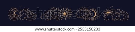 Sun, moon, cloud line set. Stars on windy sky. Minimal celestial esoteric elements for logo, tattoo, bohemian sunburst sign. Astronomy design. Editable stroke. Vector art symbol 