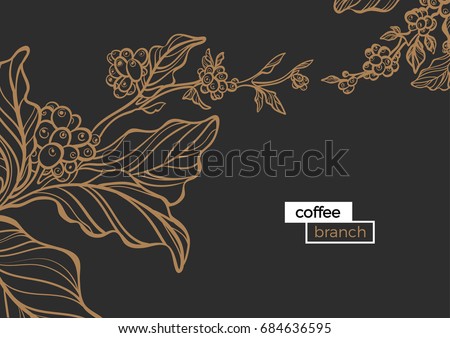 Template of golden branch of coffee tree with leaves and natural coffee beans. Organic product. Silhouette, art line. Botanical illustration. Vector isolated on black background eps.10