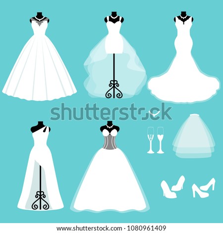 A set of wedding dresses. Clothes for the bride. Icons of wedding dresses. Vector illustration.