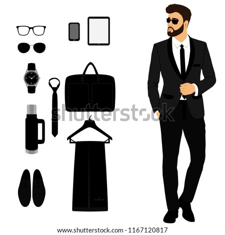 Men's tuxedo. Men's Accessories. Wedding men's set. Gentleman. Flat design. Vector illustration.