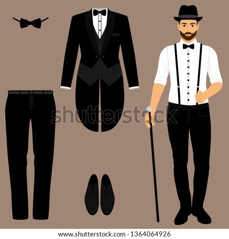 Men's tuxedo. Gentleman. Men's Accessories. Flat design. Vector illustration.