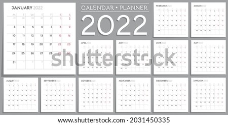 2022 Calendar Planner Design + January 2023. Week starts from Monday. Month calendar template on grey background and square white sticker papers with sharp shadow.