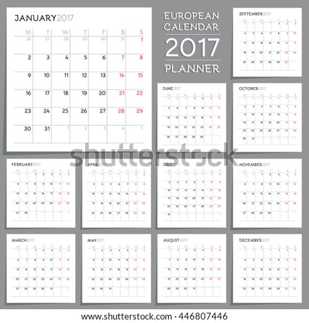 2017 Calendar Planner Design. Week starts from Monday.
Month calendar template on grey background, square white sticker papers with sharp shadow.
Free font used: Bellota, SIL Open Font License v1.10