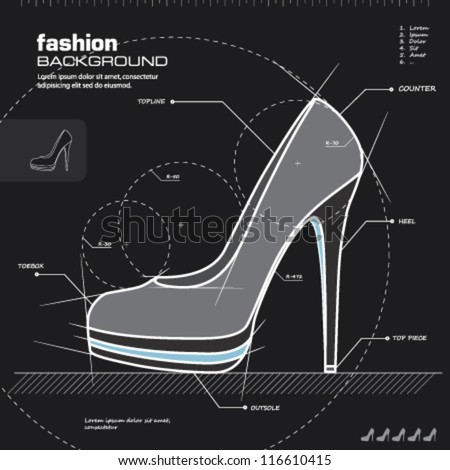 Shoe design. Woman shoes vector. Fashion design background. Vector illustration. Infographics, icon, drawing, sketch, silhouette, blueprint concept.