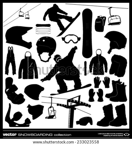 Snowboarding elements vector set. Winter sport silhouettes. Snowboard equipment background.