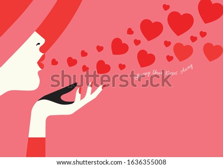 A flat vector of a woman blowing kisses with greeting text Happy Valentine's day on a pink-red background