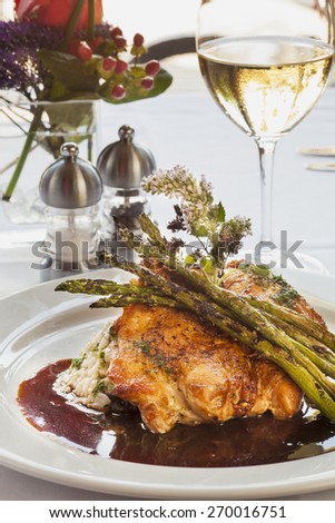 roast chicken with mushroom risotto in Port wine sauce and a glass of chardonnay