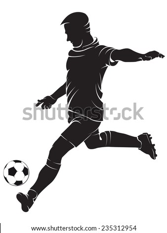 Football (soccer) player with ball, isolated on white. Vector silhouette 