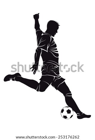 Football (soccer) player with ball, isolated on white. Vector silhouette