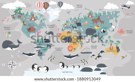 The world map with cartoon animals for kids, nature, discovery and continent name, ocean name, countries name. vector Illustration.