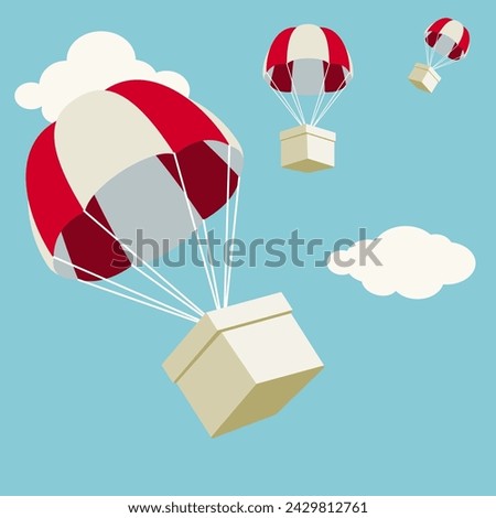 Box falling with parachute.Airdrop concept design, box fall from the sky. 