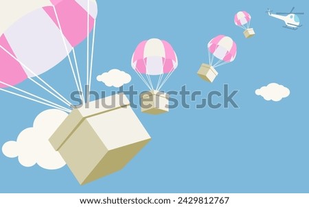 Box falling with parachute. Airdrop concept design, box fall from the helicopter.  