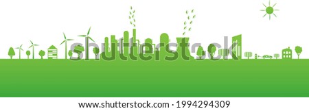 Environmentally friendly production. Silhouette of ecological city. Green energy with wind energy and solar panels. Concept of environment conservation. Vector illustration.