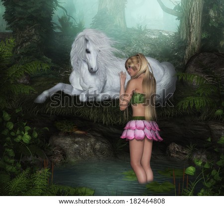 Flower Fairy with White Unicorn near forest pond