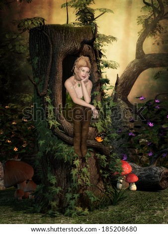 Charming Fairy sits in a hollow tree and dreams