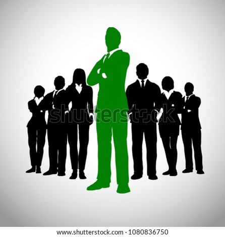 A team of successful executives led by a great leader in green who stands in front of them.