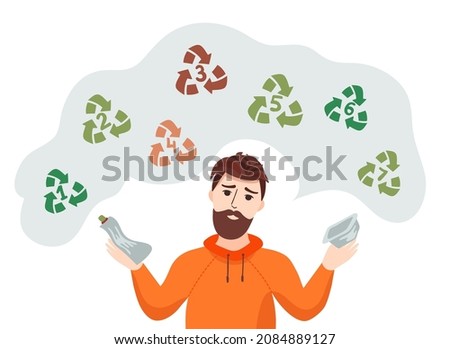 Man is sorting plastic garbage. Sorting plastic waste for recycling. Categories of plastic types. Types of plastic marking. Codes for recycling.