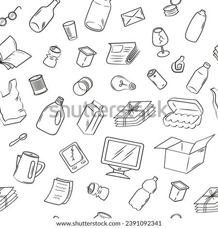 Unsorted garbage. Mixed waste. Outline illustration on white background. Seamless vector background.
