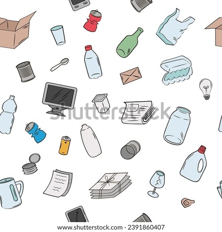 Unsorted garbage. Mixed waste. Colorful illustration on white background. Seamless vector background.
