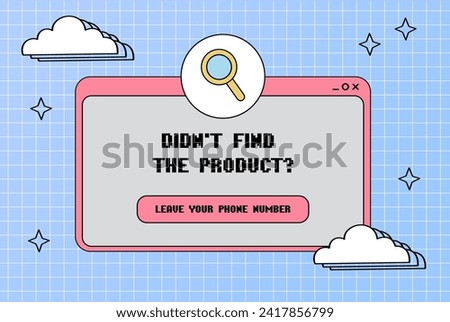 Popup window. Did not find 
the product. Magnifying glass icon. Retro computer aesthetic. Computer screen 90s, 2000s vector illustration. 