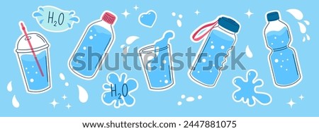 Water in glass, plastic bottle, thermos. Collection of cute flat style vector templates for sticker, patch, badge. 