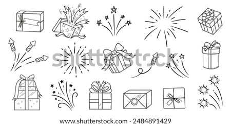 Party doodle icon set. Gifts and fireworks. Vector outline hand drawn elements on white background.