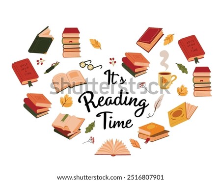 Heart shape set of books and autumn elements, education  symbols. Vector circle season frme for book store, learning, library, reading club, banner concept design. Inscription - Is reading time.