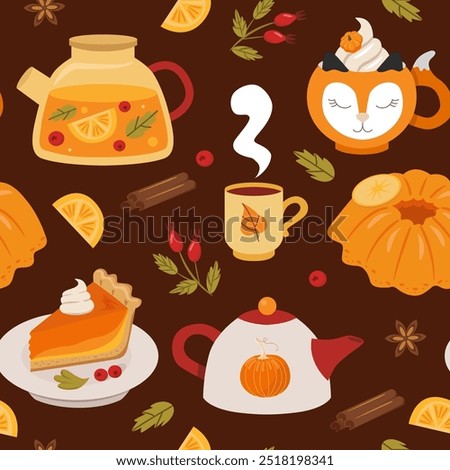 Autumn fruit tea and pumpkin pie background. Set of cozy autumn drinks, pies and spices. 