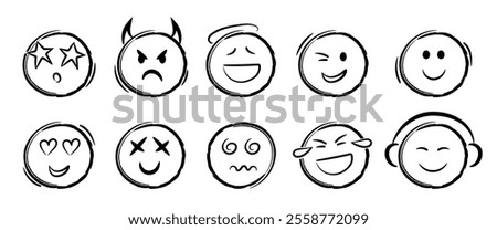 Doodle emoji face icons set. Sketch style ink brush vector. Different expressions vector faces. Devil, angel, listening to music, in love, laughing, hypnosis, star eyed.