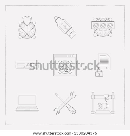 Set of technology icons line style symbols with laptop, documents protection, ram and other icons for your web mobile app logo design.