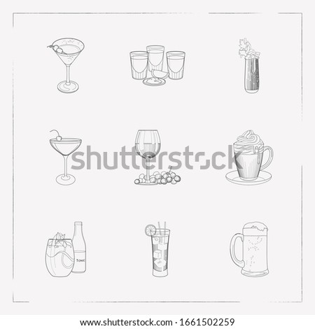 Set of pub icons line style symbols with cream with coffee, tekila shots, mary pickford cocktail and other icons for your web mobile app logo design.