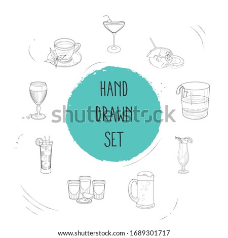 Set of bar menu icons line style symbols with green tea, tekila shots, irish coffee and other icons for your web mobile app logo design.