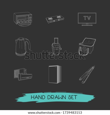 Set of electronics icons line style symbols with freezer bag, juicer, baking machine and other icons for your web mobile app logo design.