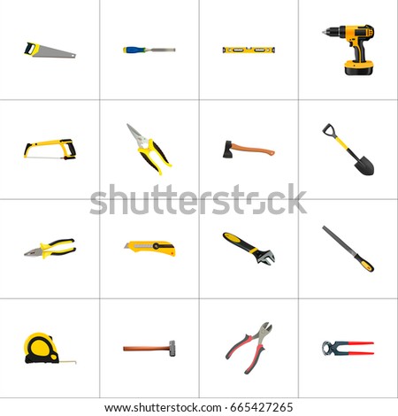 Realistic Hatchet, Arm-Saw, Scissors And Other Vector Elements. Set Of Tools Realistic Symbols Also Includes Axe, Appliance, Tongs Objects.
