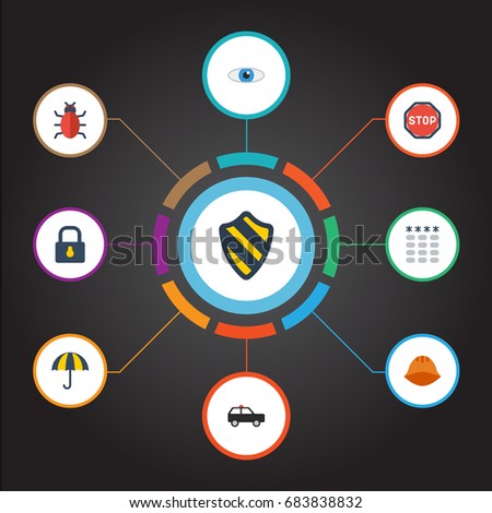 Flat Icons Virus, Armored Car, Hardhat And Other Vector Elements. Set Of Security Flat Icons Symbols Also Includes Armored, Lock, Umbrella Objects.