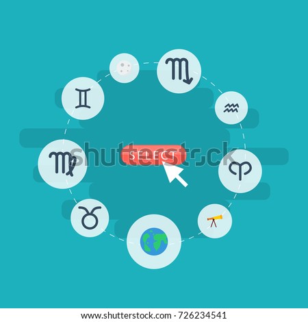 Flat Icons Ram, Water Bearer, Twins And Other Vector Elements. Set Of Astronomy Flat Icons Symbols Also Includes Lunar, Virgin, Ram Objects.