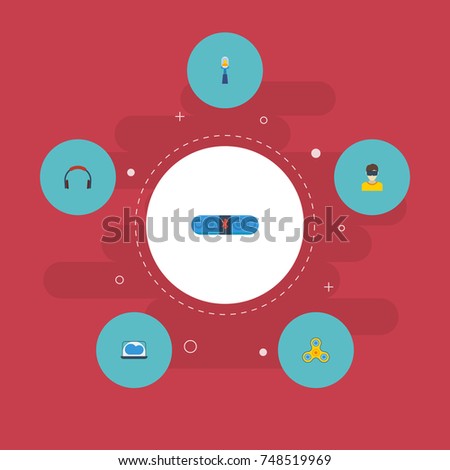 Flat Icons Bluetooth Speaker, Fidget, Virtual Reality And Other Vector Elements. Set Of Trendy Flat Icons Symbols Also Includes Earphone, Computing, Phone Objects.