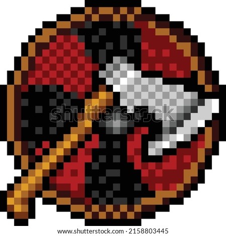Vector pixel art. Viking shield and axe. 8 bit graphics. Icon for the game. Shield h brown outline. In the middle are red and black rays. In the center is an iron disk. Iron ax with brown woode handle Foto stock © 