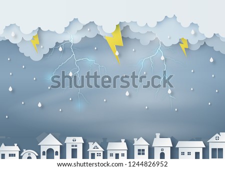 Origami made rainy weather forecast of the city has overcast sky and lightning, paper art design and craft style. vector and illustration.