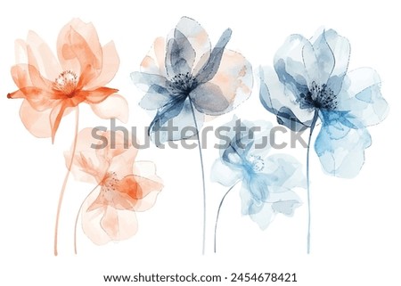 set of soft watercolor flowers, pastel peach and blue tones on white background.