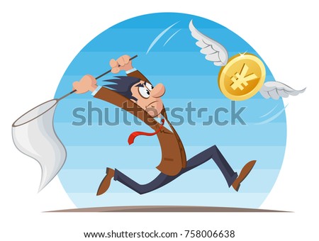 Funny man trying to catch yen coin with a butterfly net. Cartoon styled vector illustration. Elements is grouped and divided into layers. No transparent objects.